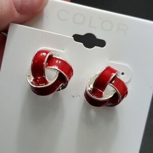 Silver tone red enamel knot earrings